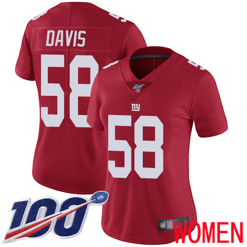 Women New York Giants #58 Tae Davis Red Limited Red Inverted Legend 100th Season Football NFL Jersey->women nfl jersey->Women Jersey